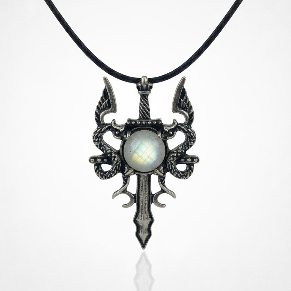 Moonstone Sword Necklace Silver Finish Dragon Wing Pendant Jewelry Men or Women‎